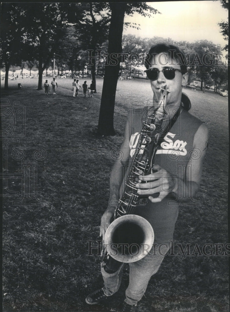 1987 Chuck Piranha playing sax in Grant PK - Historic Images