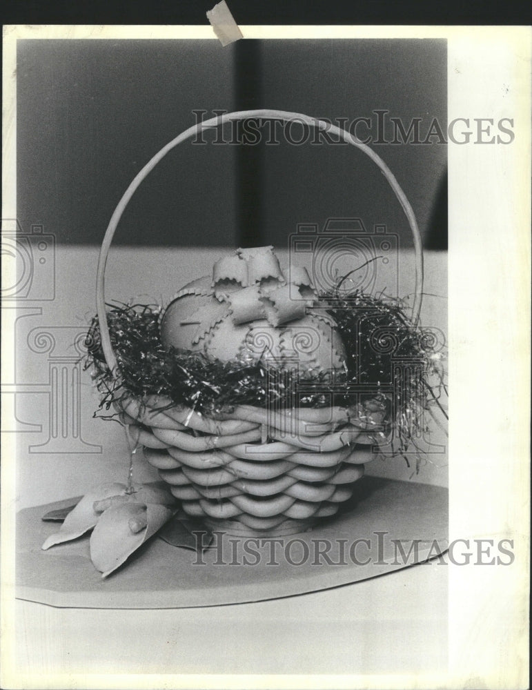 1984 Straw Candy Basket Egg Festive Ribbon - Historic Images