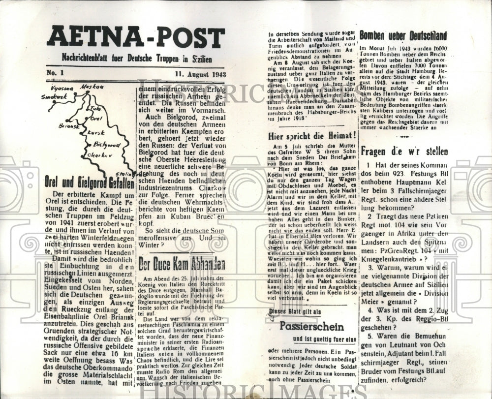 1943 Press Photo Propaganda Aetna Post Gefallen - Historic Images