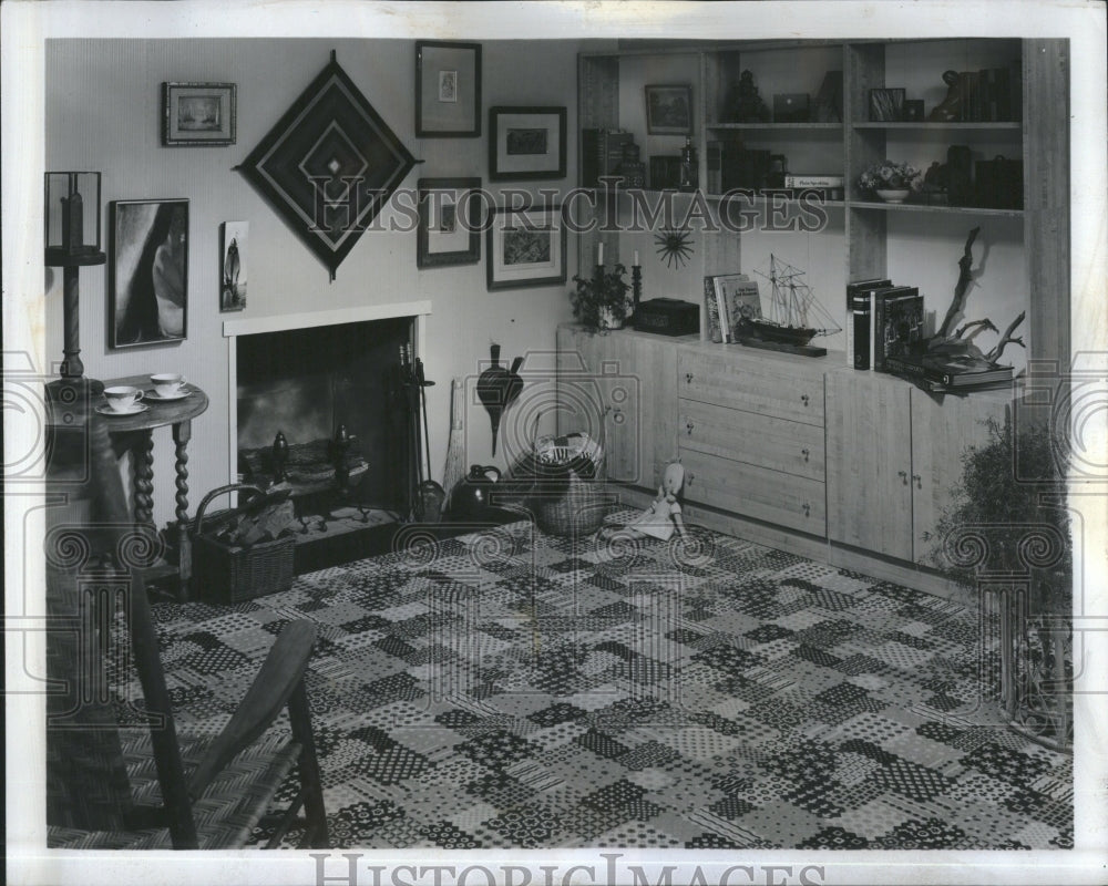 1974 Peppy Patchwork Carpet Family Room - Historic Images