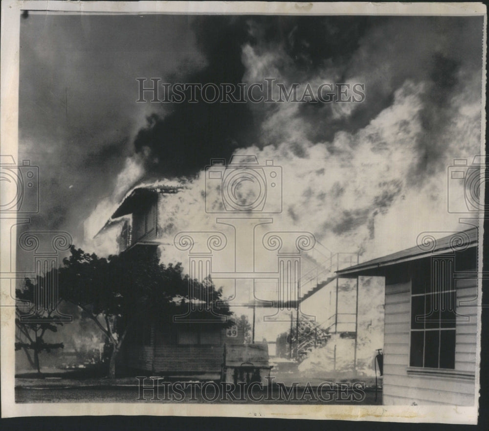 1951 Press Photo Flames engulf hugh barracks - Historic Images