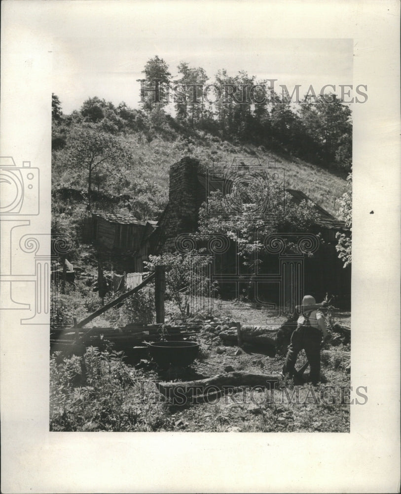 1945 Press Photo Wood Chopping Person Trees Forest - Historic Images
