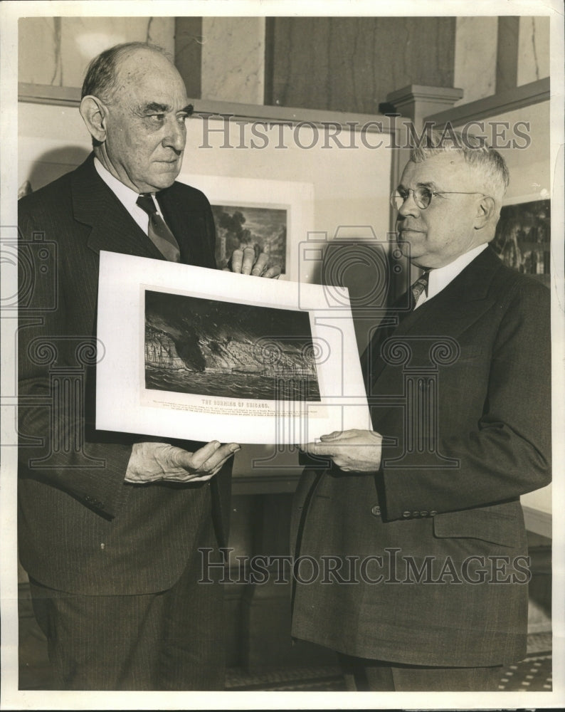 1941 Burning Chicago Lithograph Library - Historic Images