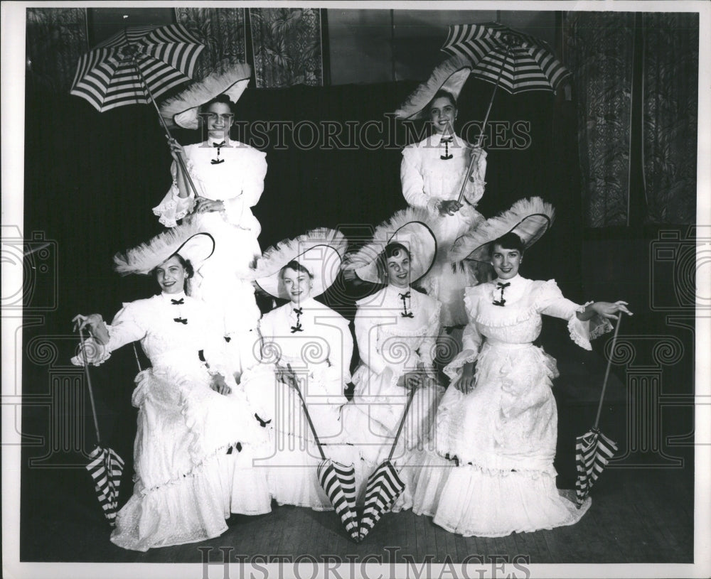 1953 Press Photo Florodora Girls Umbrellas Dresses