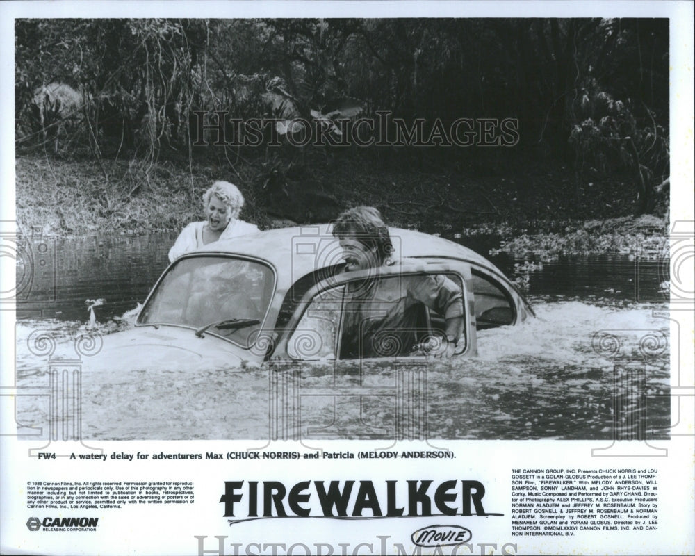 1986 Press Photo Chuck Norris in a flood, Firewalker