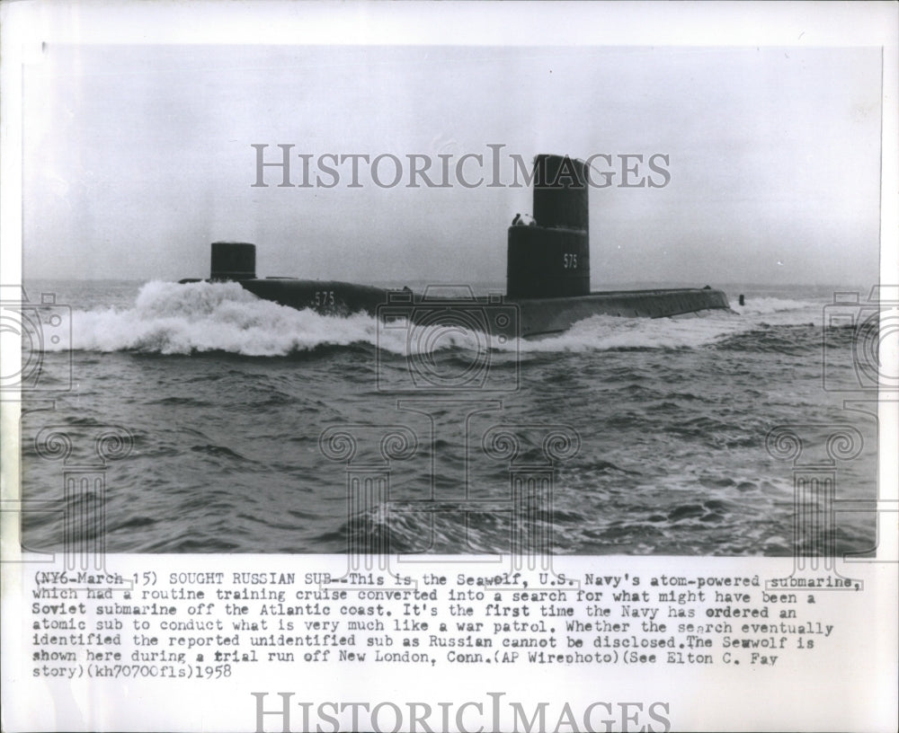 1958 Press Photo USS Seawolf Trial Run New London