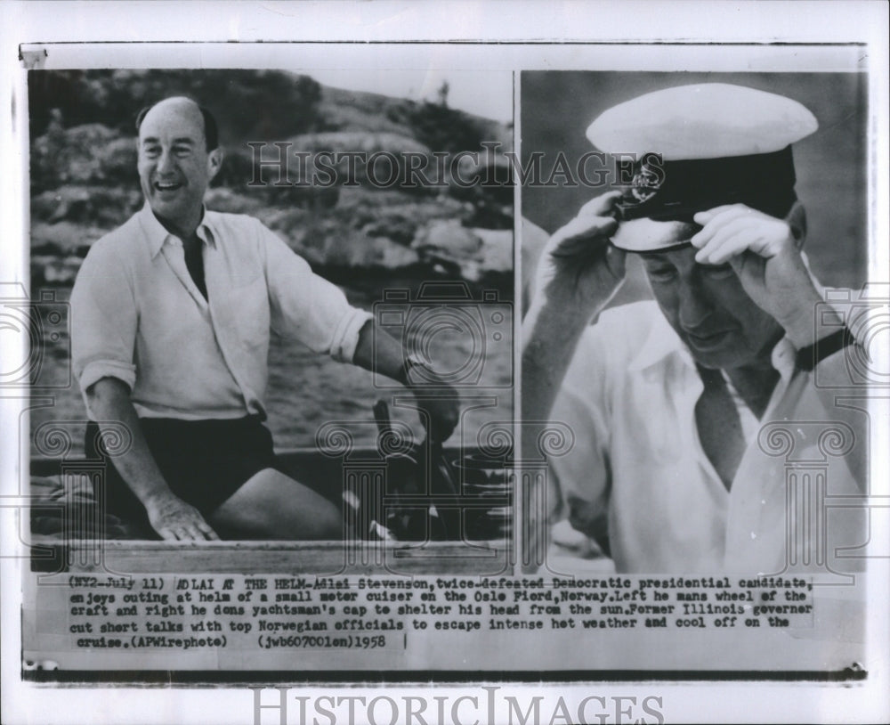 1958 Press Photo Stevenson Driving Boat Cruiser Norway