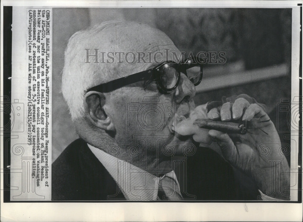 1973 Press Photo George Meany puffing away