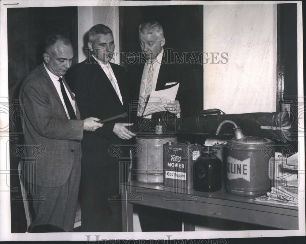 1963 Press Photo arson squad gasoline cans bottles raid