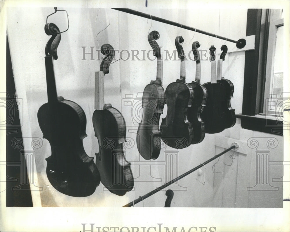 1983 Press Photo Violins drying after varnishing