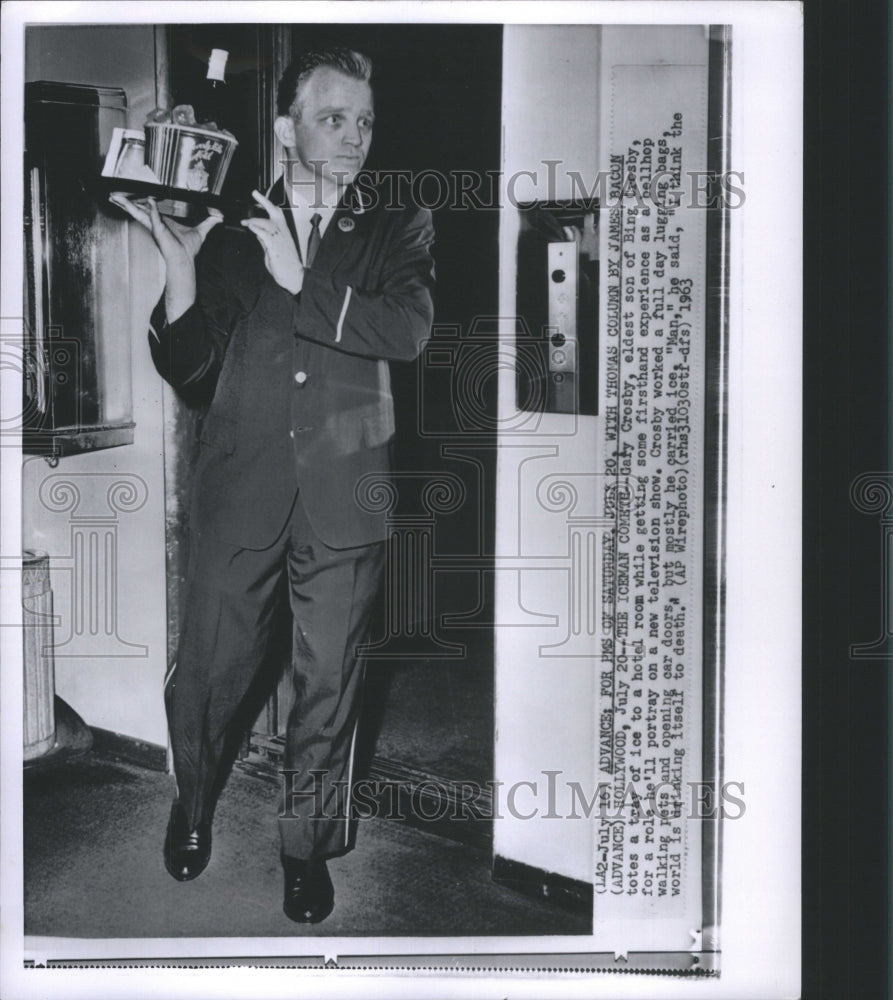 1963 Press Photo Gary Crosby Bellhop Experience TV Show