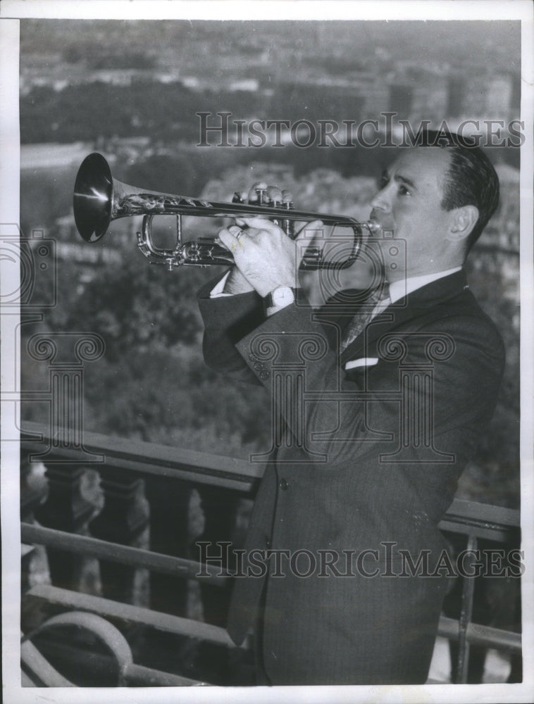 1957 Press Photo Ray Anthony Trumpet Top Eiffel Tower