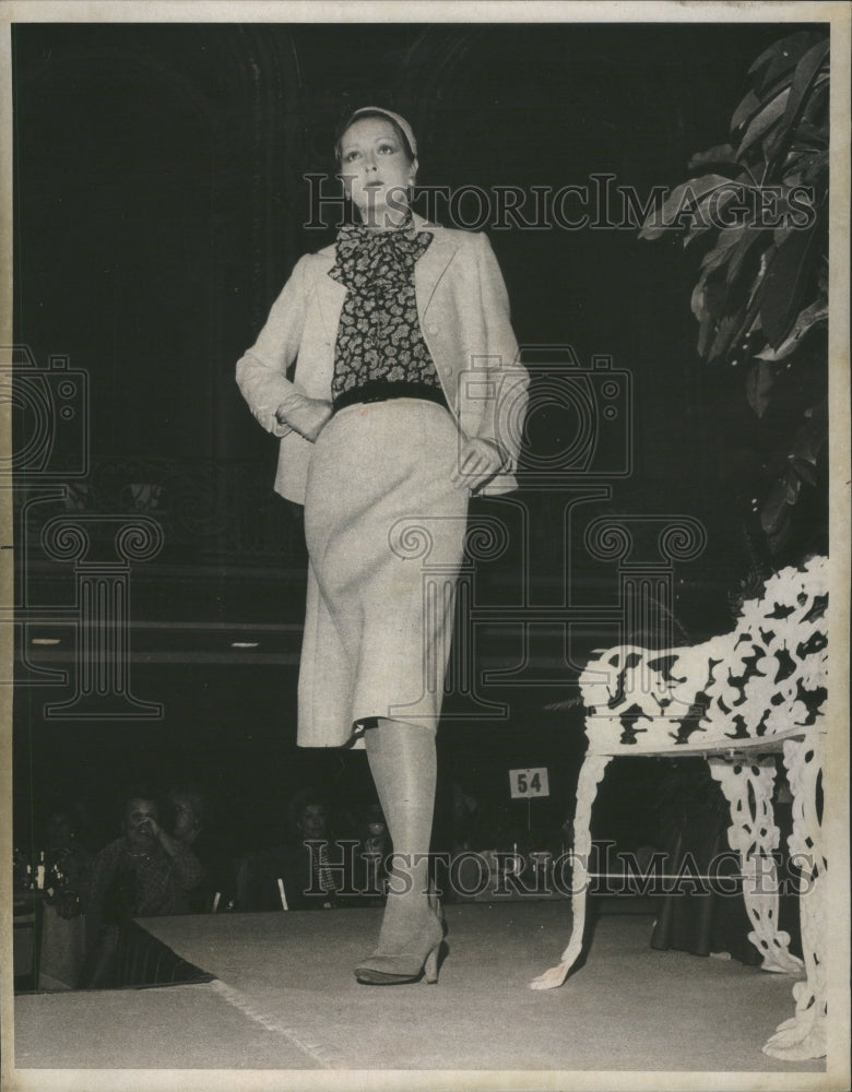 1975 Press Photo Silk Blue Blouse Gus of Norell Tossell