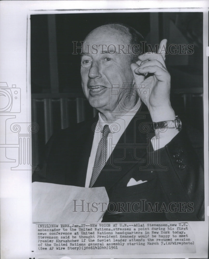 1961 Press Photo Stevenson New US Ambassador Speaking