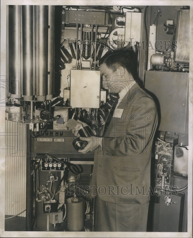 1956 Press Photo Coffee Dispenser Machine Food
