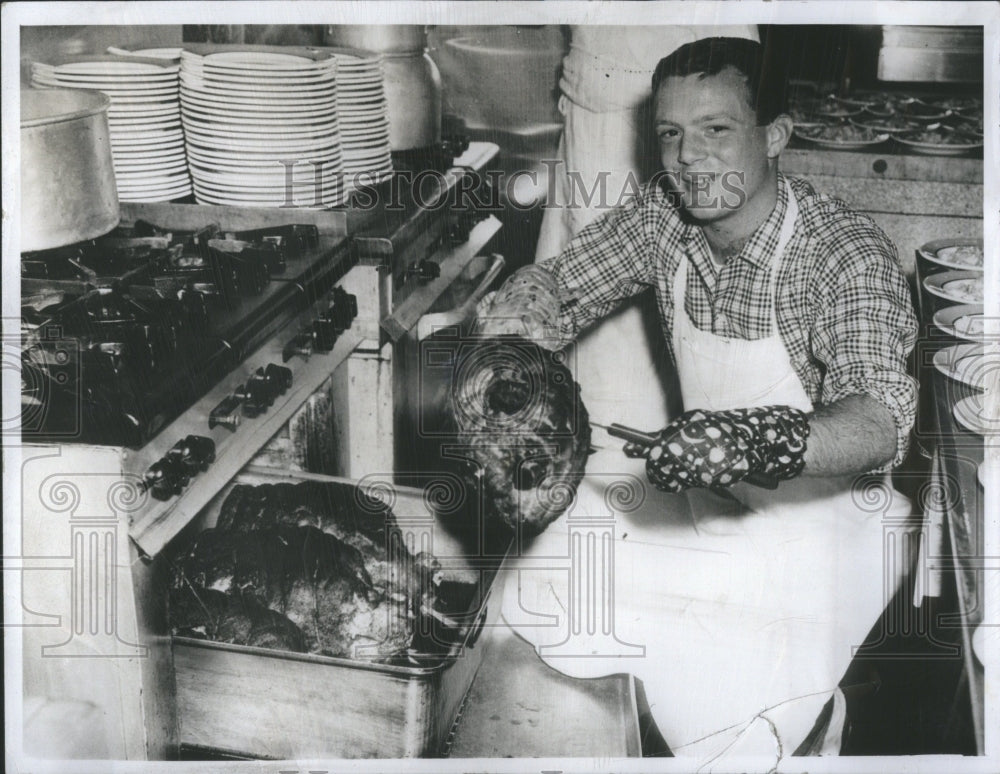 1961 Press Photo David Rusk Son St Meat Dust Oven Food