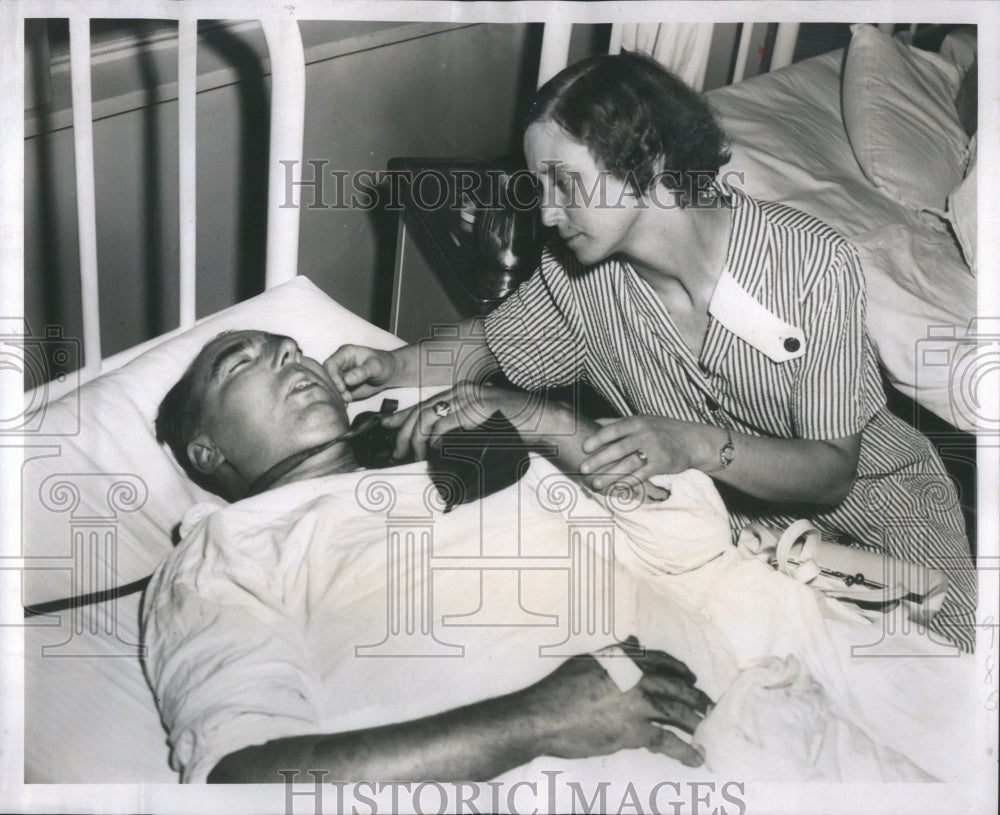 1953 Press Photo Trombley Fire Hero Hospital Bed Mask