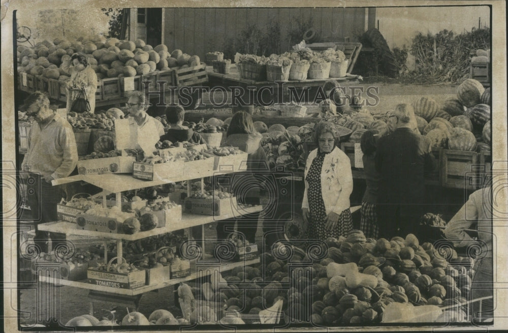 1975 Press Photo Crowd Visits Fruit and Vegetable Stand