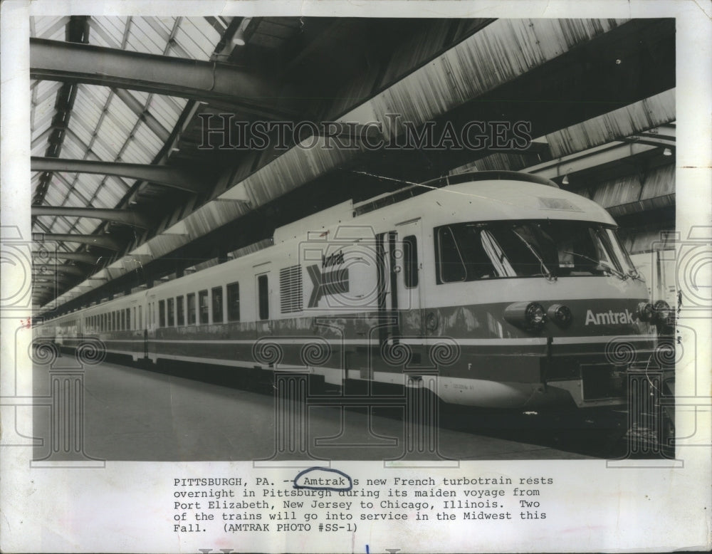 1973 Press Photo Amtrak New French Turbotrain at Station