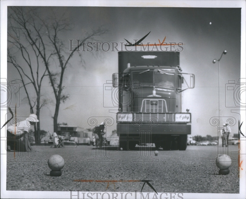 1959 Press Photo Tandem Truck Road Rubber Ball