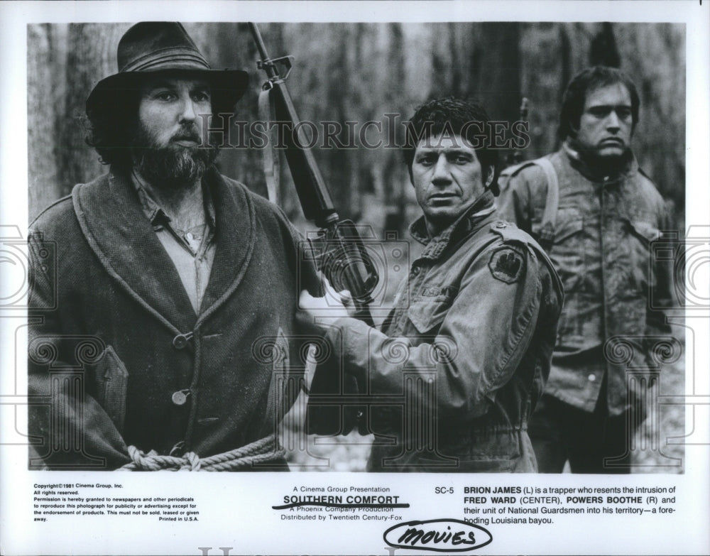 1981 Press Photo Southern Comfort: in the woods w/ guns