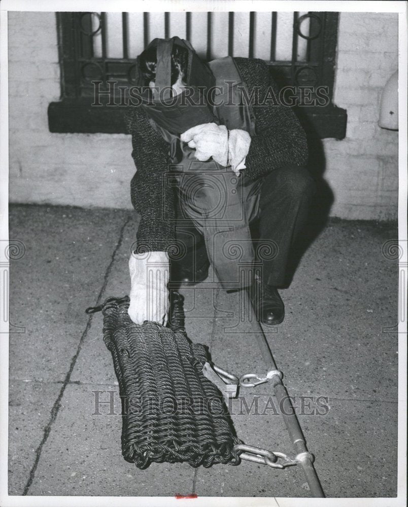 1957 Policeman Intragating Mask Wear Hat - Historic Images