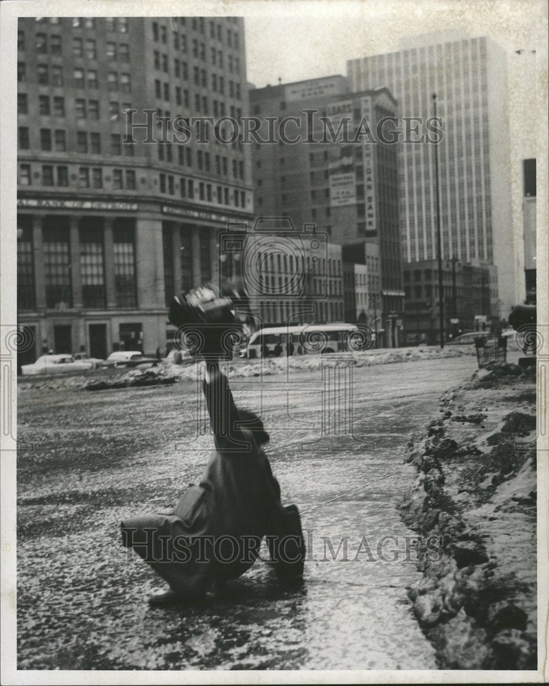 1956 Detroit Man Falls On Icy Street - Historic Images