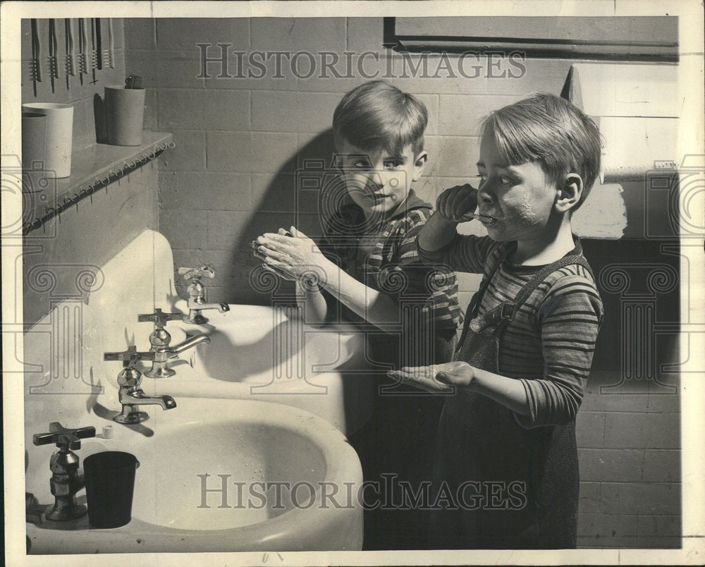 1944 Little Orphan Boys Brushing Teeth - Historic Images