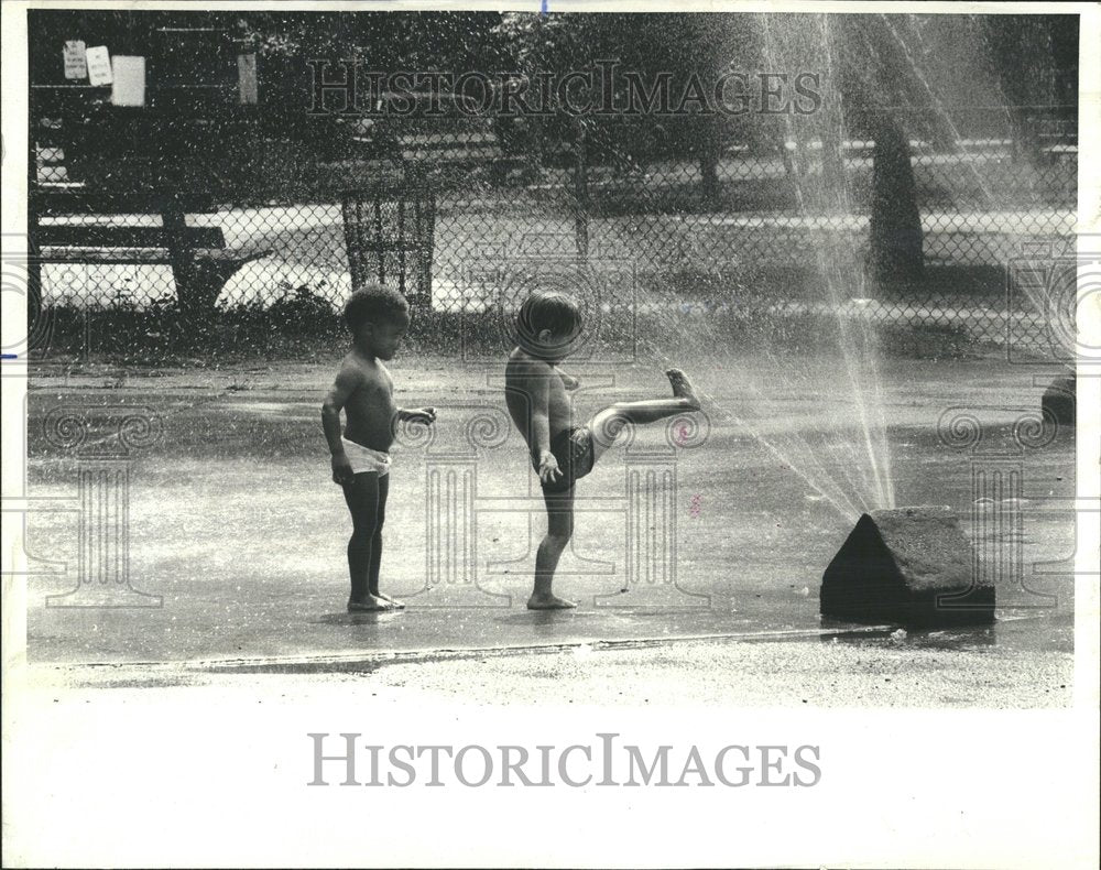 1979 Two Boys Enjoy Sprinkler Kenwood Park - Historic Images