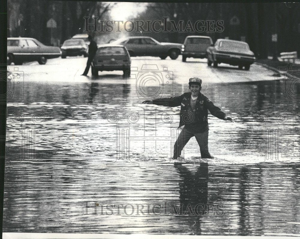 1975 Child Playing Under Flooded Underpass - Historic Images