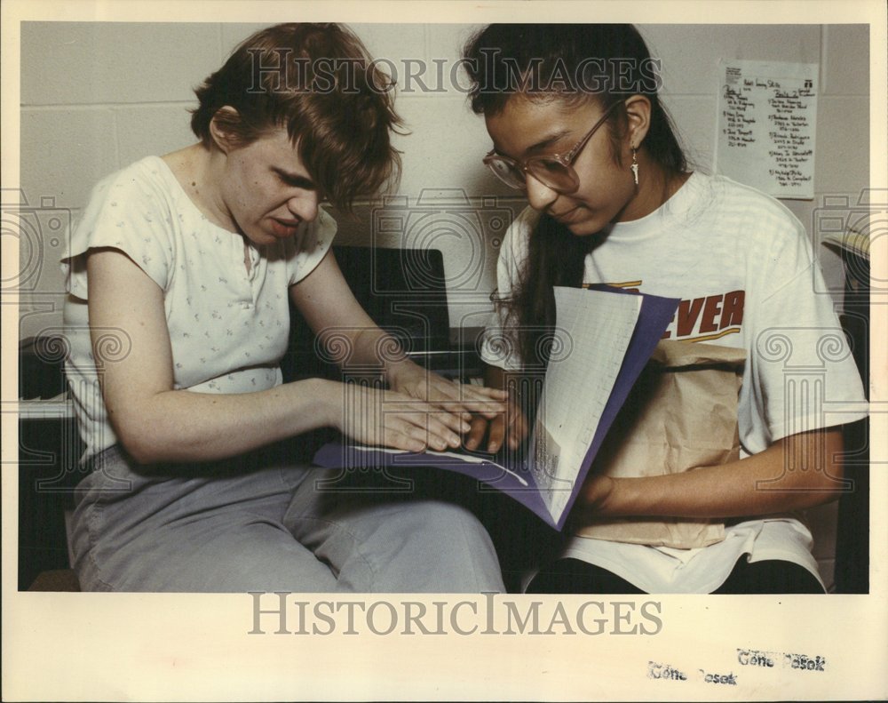 1984 Student Watching Girl Read Braille - Historic Images