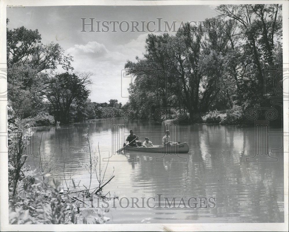 1958 Three men canoe in Des Plaines River - Historic Images