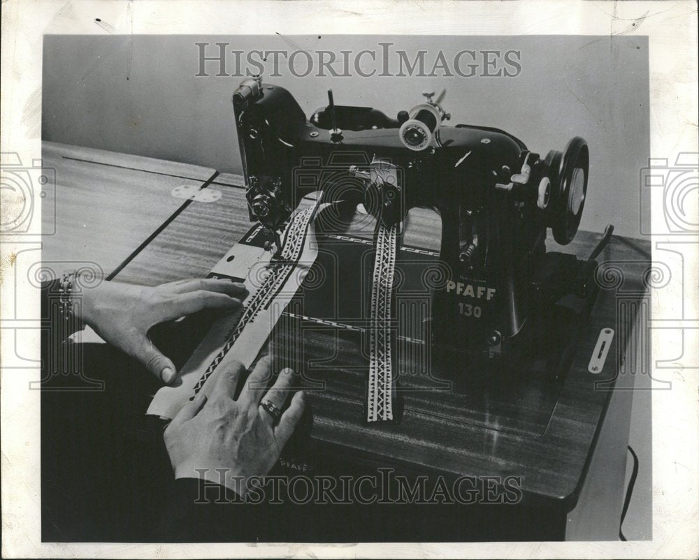 1953 Sewing Machine Embroiders Belt Dress - Historic Images