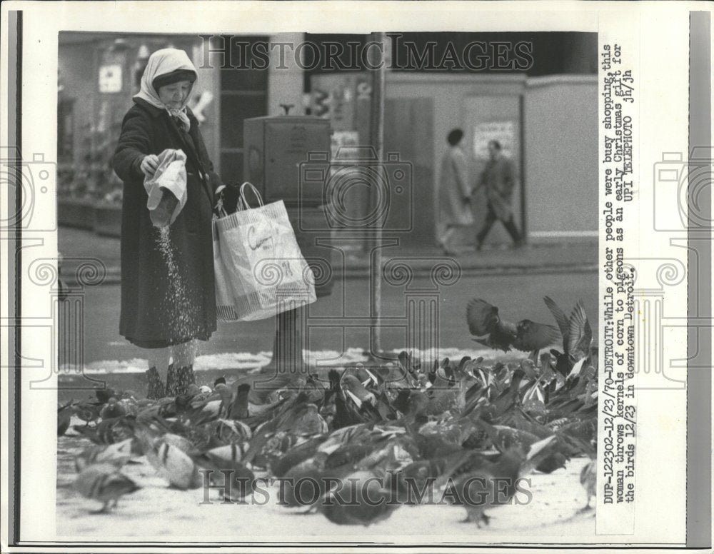 1971 Detroit Woman Throws Feed To Pigeons - Historic Images