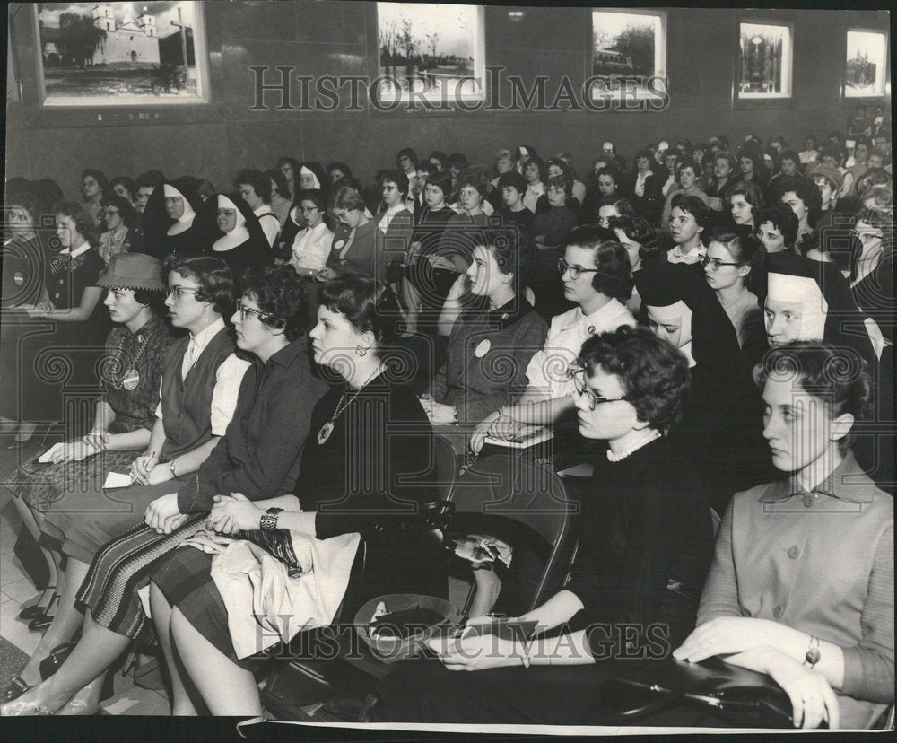 1956 Students and nuns listening to Meyer - Historic Images