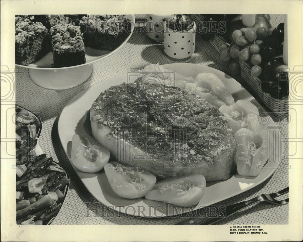 1965 Baked Ham Slice Ginger Pears Dinner - Historic Images