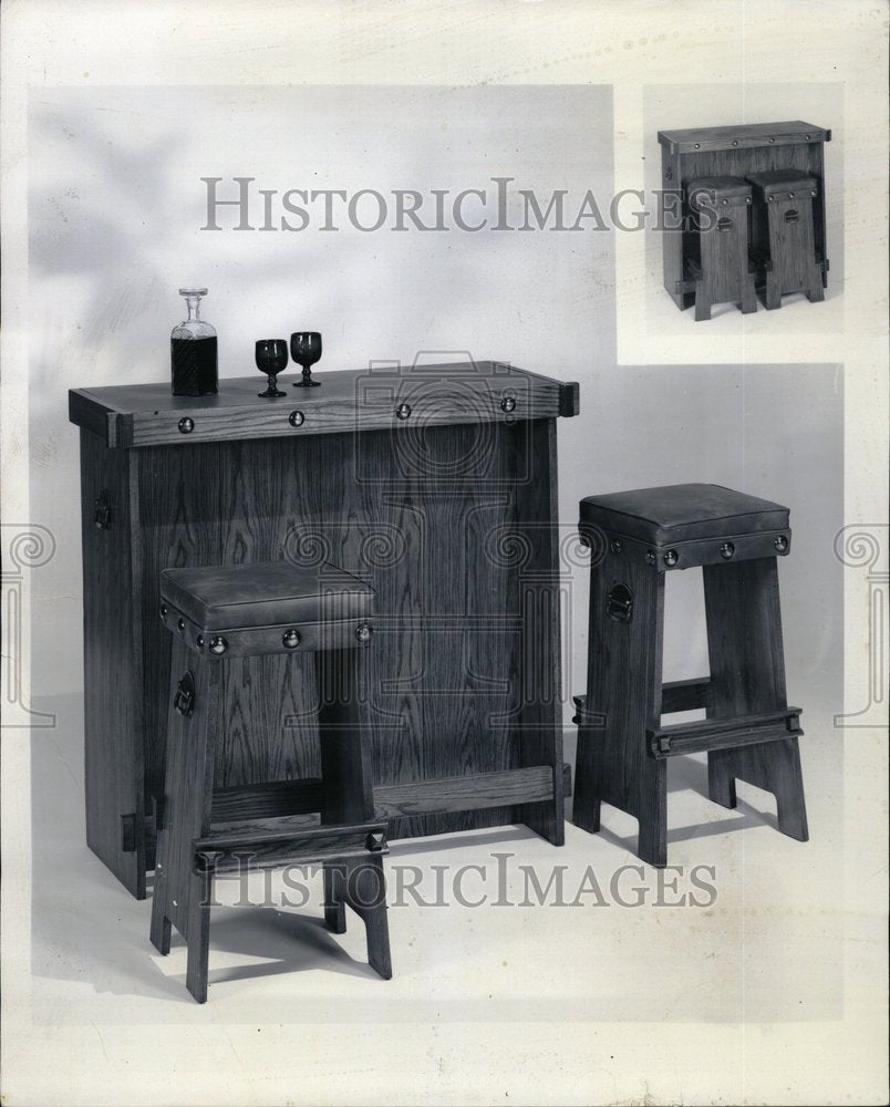 1969 Bar Bar Stools Oak Naugahyde Kroehler - Historic Images