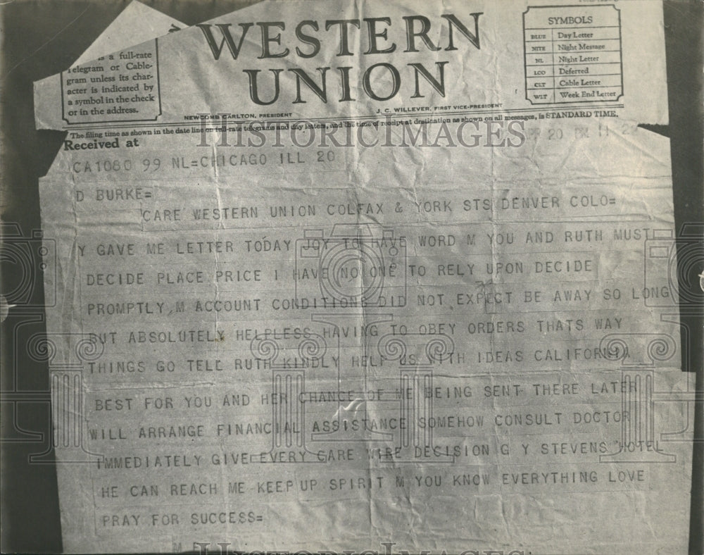 Western Union Telegram Sara Burke - Historic Images