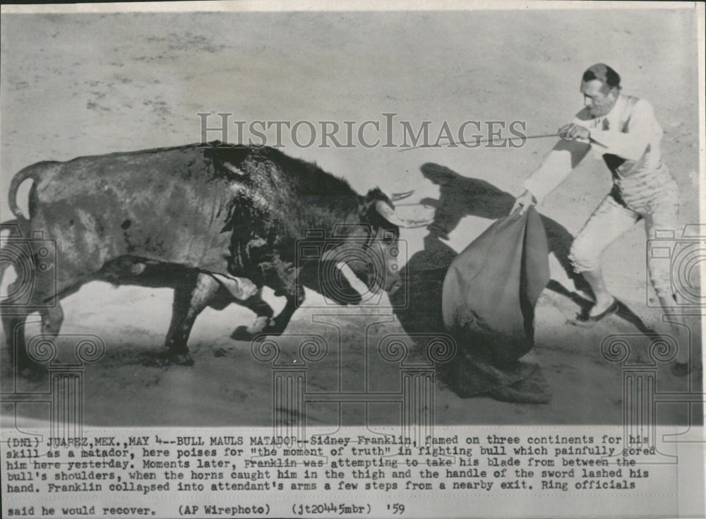 1959 Bull Mauls Matador Sidney Franklin - Historic Images