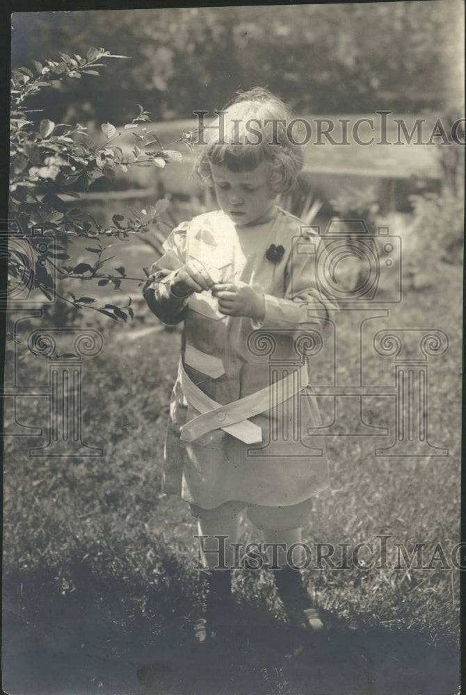 1919 Child examines tree leaf - Historic Images