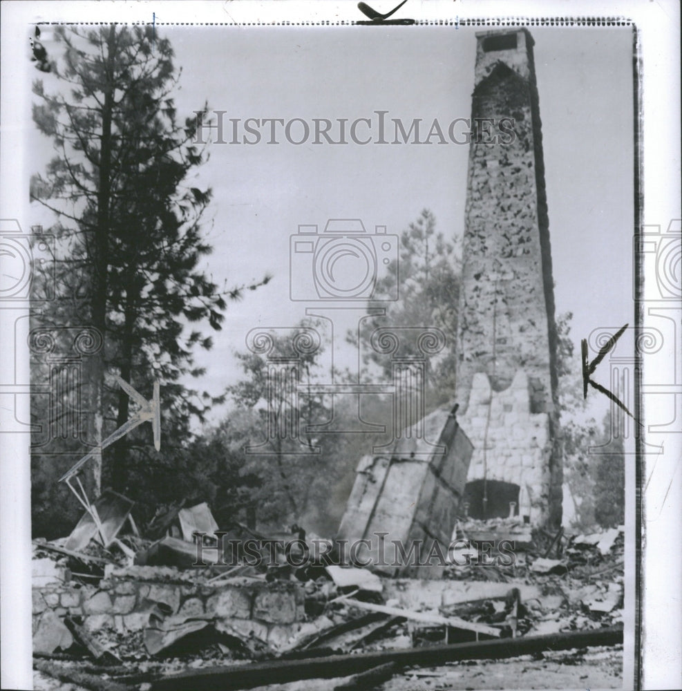 1956 A chimney remain after a forest fire in Crest Park, CA - Historic Images