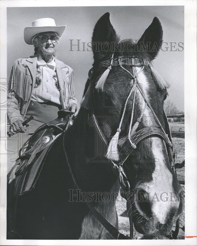 1967 Mrs Della Burke sits astride her horse &quot;Jigger&quot; - Historic Images