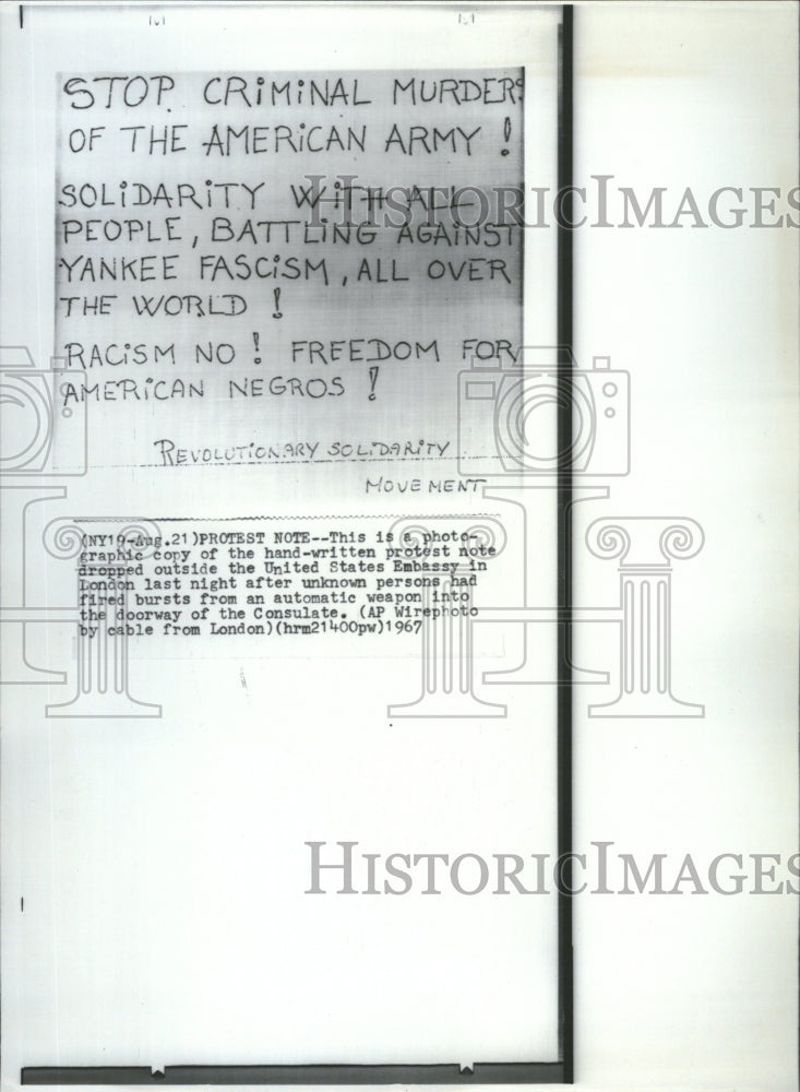 1967 Copy Protest London Embassy Note - Historic Images