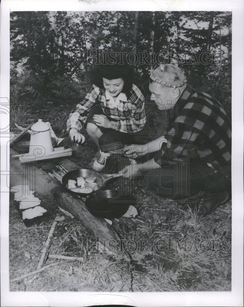 1954 Father Daughter Camping Cook Fire - Historic Images