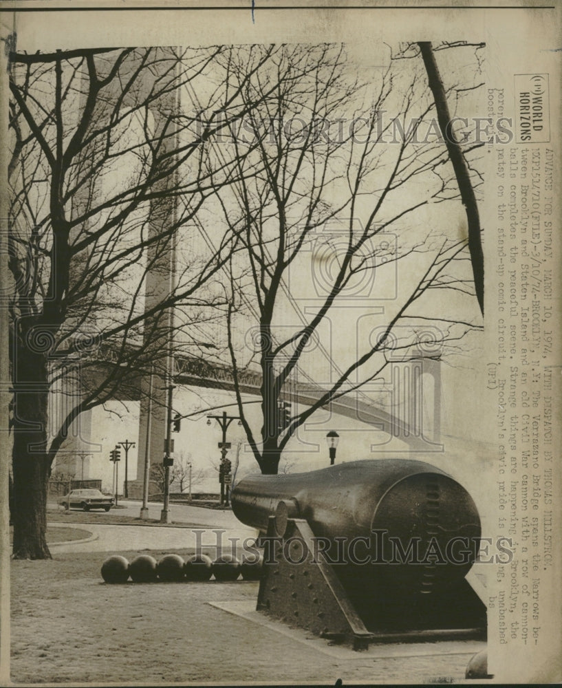 1974 Verrazano Bridge and Civil War Cannon - Historic Images