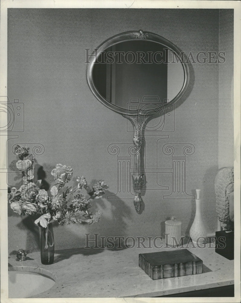 1961 Oversize Hand Mirror Bathroom Wall - Historic Images