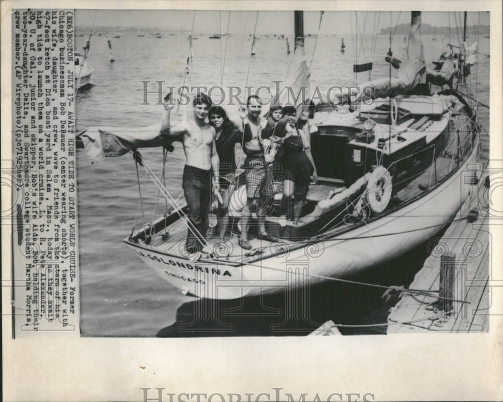 1965 Bob Debauer, wife,daughter aboard boat - Historic Images