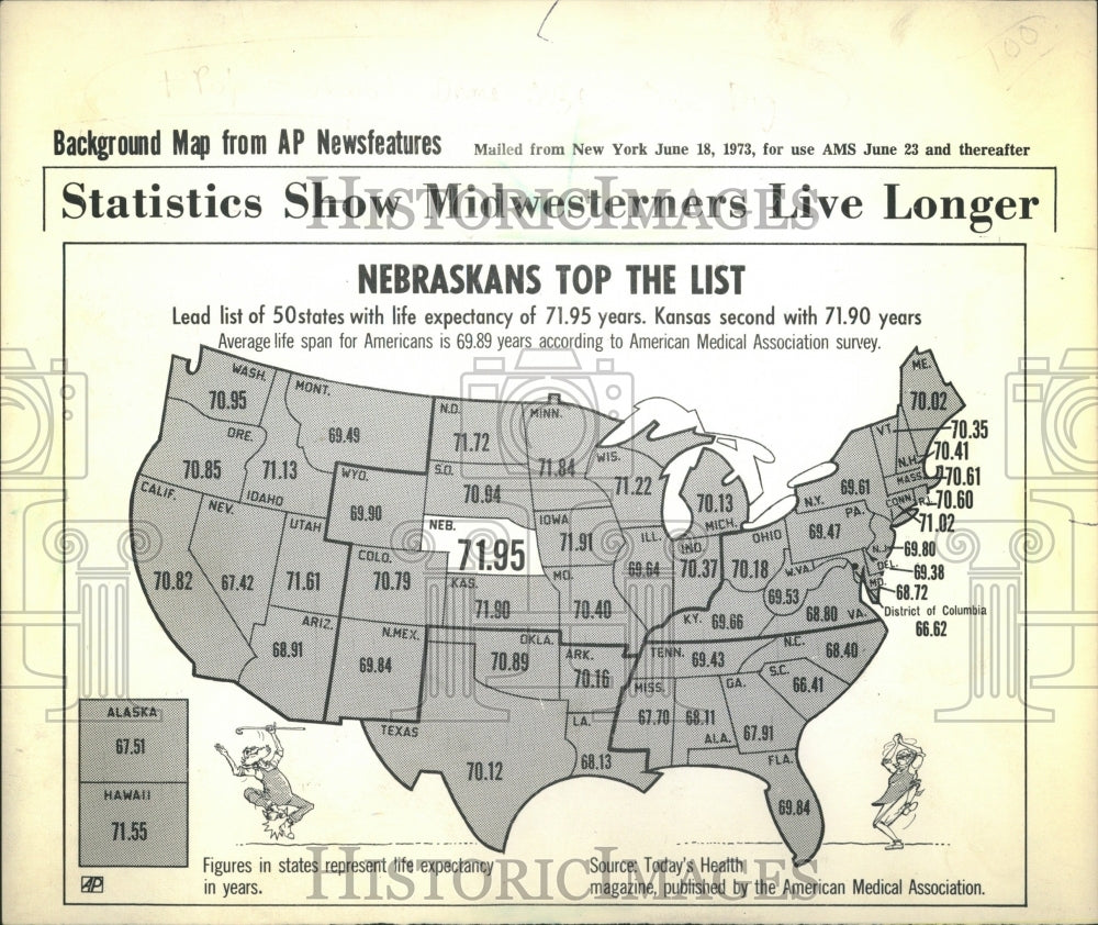 1973 Life Expectancy United States Map - Historic Images