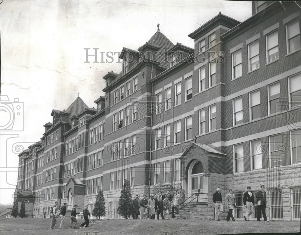 1956 College Building front view Students - Historic Images