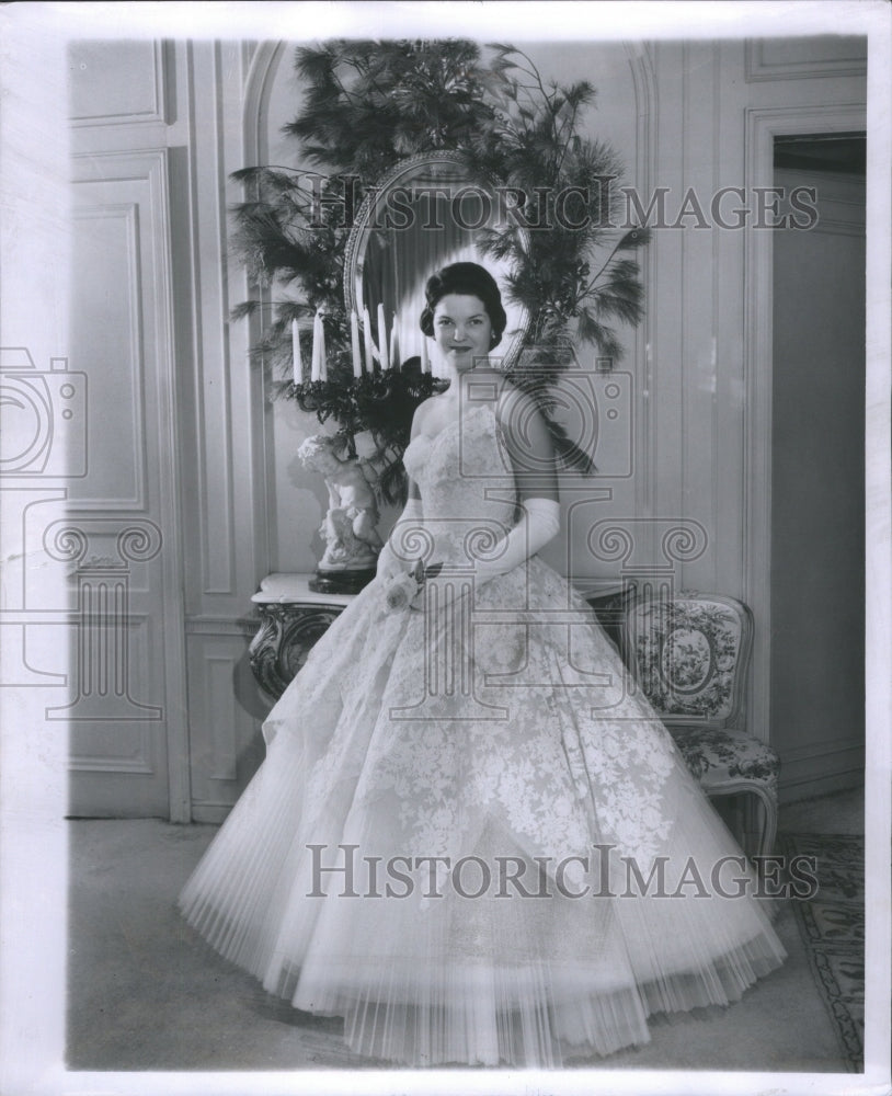 1956 Press Photo Julie Cudli~~ Fashion Style White Gown - Historic Images